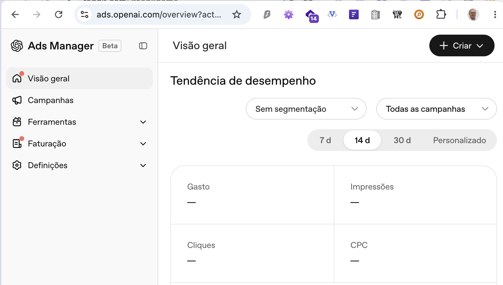 Captura do OpenAI Ads Manager em português, marcado como Beta, na vista Visão geral, com o menu Campanhas, Ferramentas, Faturação e Definições e as métricas Gasto, Impressões, Cliques e CPC ainda a zero